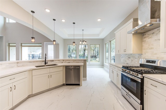 kitchen with wall chimney exhaust hood, sink, decorative light fixtures, a raised ceiling, and stainless steel appliances