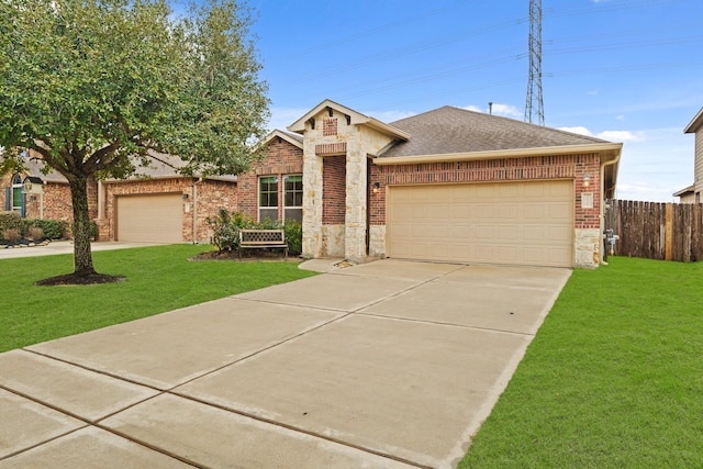 craftsman inspired home with a garage and a front lawn