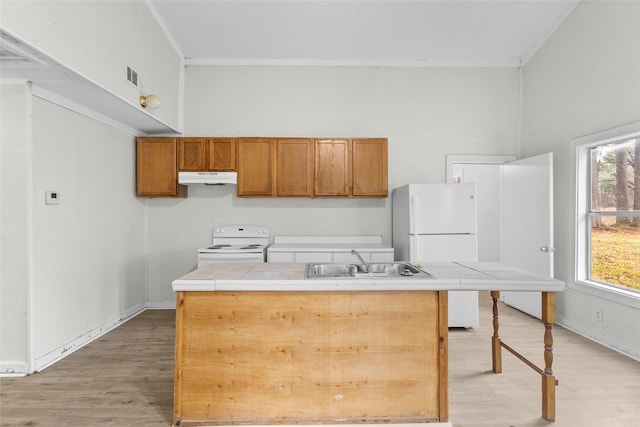 kitchen featuring light hardwood / wood-style flooring, sink, white appliances, and tile counters