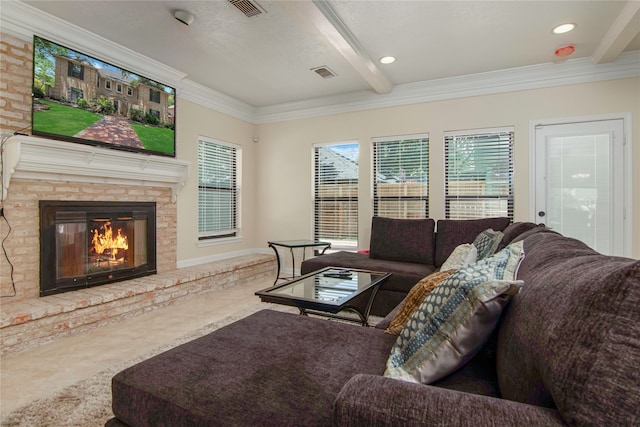 living room featuring beamed ceiling, crown molding, and a brick fireplace