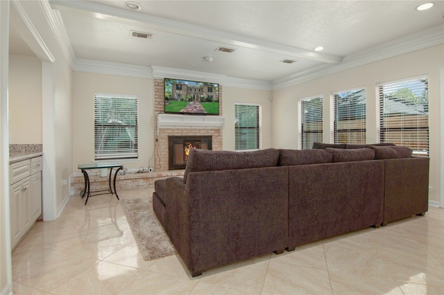 living room featuring crown molding, plenty of natural light, and a stone fireplace