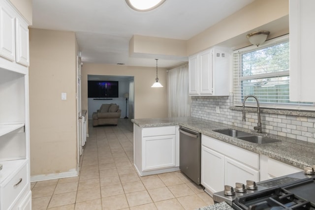 kitchen featuring dishwasher, white cabinetry, sink, hanging light fixtures, and kitchen peninsula