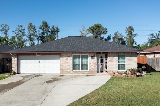 ranch-style house with a garage and a front yard