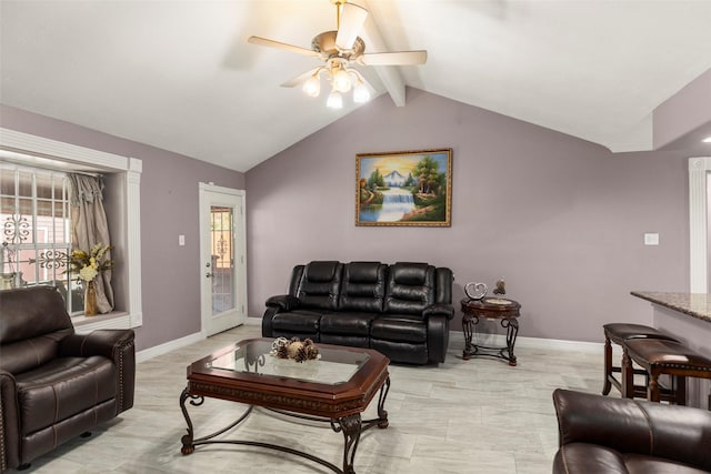 living room with vaulted ceiling with beams and ceiling fan