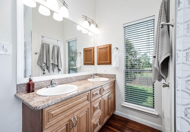 bathroom with vanity and hardwood / wood-style flooring