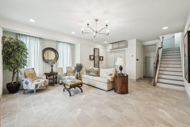 living room with an inviting chandelier