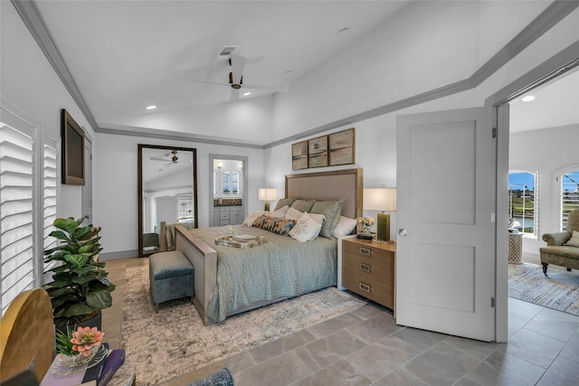 tiled bedroom with vaulted ceiling, ornamental molding, and ceiling fan