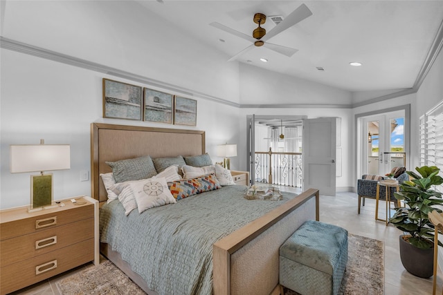 bedroom featuring ceiling fan, lofted ceiling, multiple windows, and light tile patterned floors