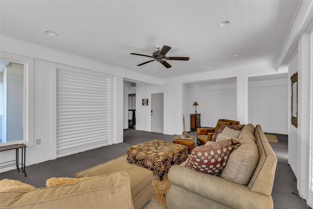 living room featuring ceiling fan