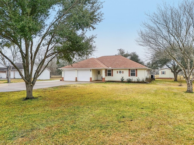 ranch-style house with a garage and a front yard