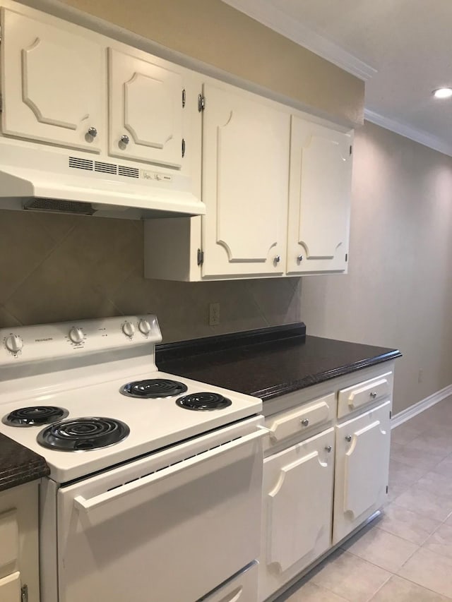 kitchen with under cabinet range hood, crown molding, white cabinetry, and white electric range