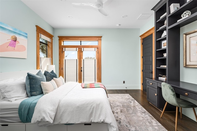 bedroom featuring french doors, ceiling fan, and dark hardwood / wood-style floors