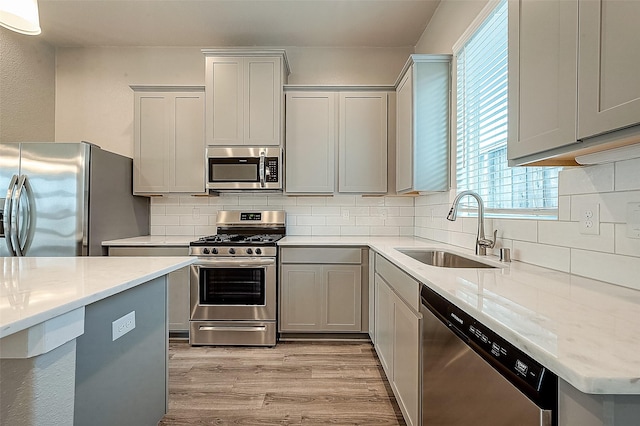 kitchen with appliances with stainless steel finishes, sink, gray cabinetry, and light stone counters