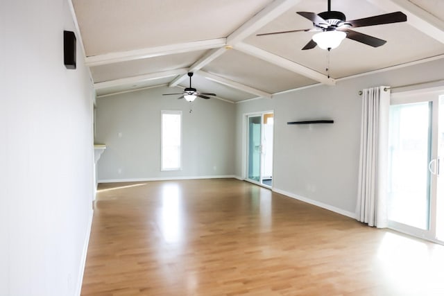 empty room with vaulted ceiling with beams, ceiling fan, and light wood-type flooring