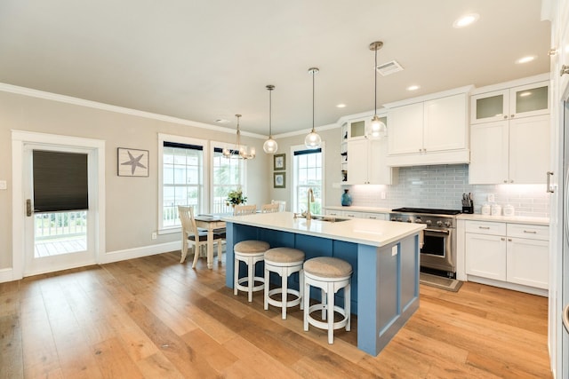 kitchen featuring white cabinetry, a kitchen island with sink, sink, and stainless steel stove