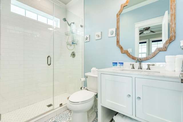 bathroom featuring vanity, ceiling fan, a shower with door, and toilet