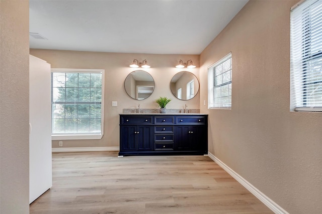 bathroom featuring a healthy amount of sunlight, wood-type flooring, and vanity