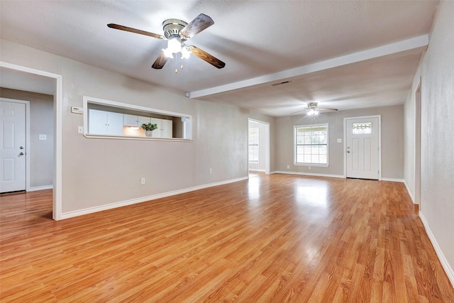 unfurnished living room with ceiling fan and light wood-type flooring