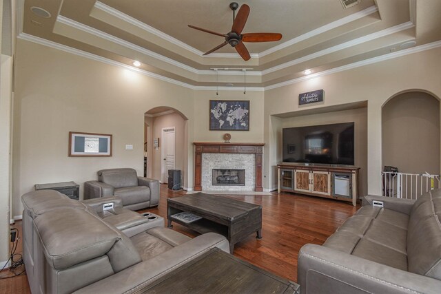 living room featuring a tray ceiling, dark wood-type flooring, a stone fireplace, and ceiling fan