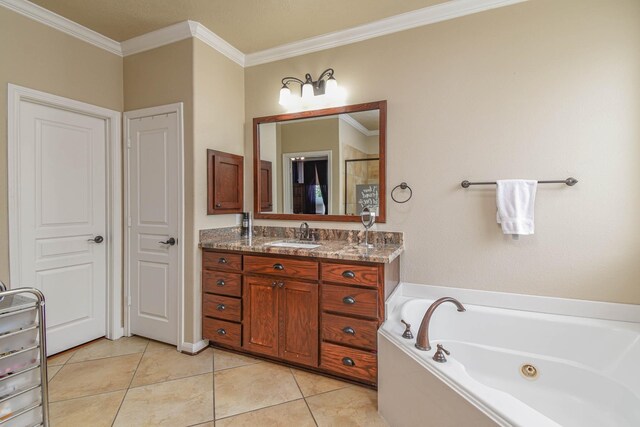 bathroom with tile patterned floors, vanity, independent shower and bath, and ornamental molding