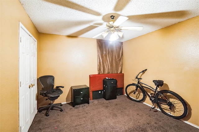 carpeted office featuring ceiling fan and a textured ceiling