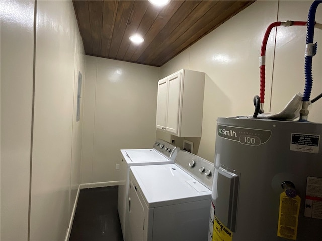 washroom featuring cabinets, washing machine and dryer, electric water heater, and wooden ceiling