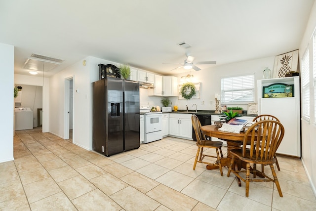 kitchen with washer / dryer, white cabinetry, stainless steel fridge with ice dispenser, electric range, and dishwasher