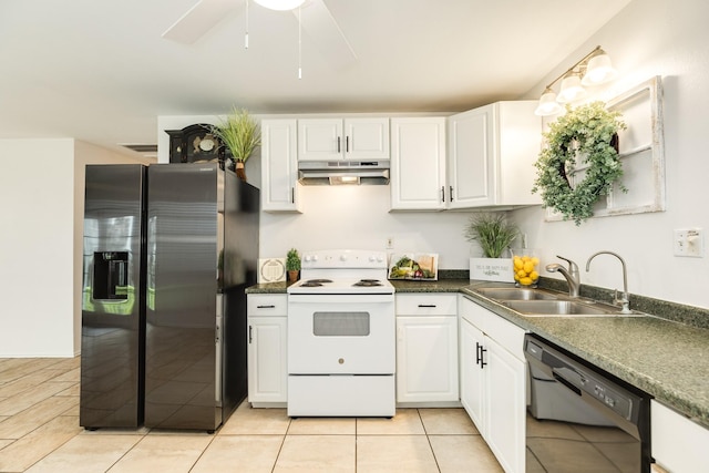 kitchen featuring sink, stainless steel fridge with ice dispenser, dishwasher, electric stove, and white cabinets