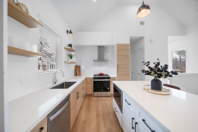 kitchen with sink, white cabinets, wall chimney exhaust hood, stainless steel appliances, and light hardwood / wood-style flooring