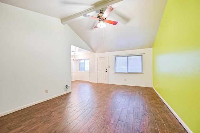 spare room with beamed ceiling, high vaulted ceiling, wood-type flooring, and ceiling fan with notable chandelier