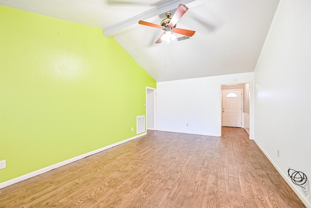 interior space featuring beam ceiling, light hardwood / wood-style flooring, high vaulted ceiling, and ceiling fan