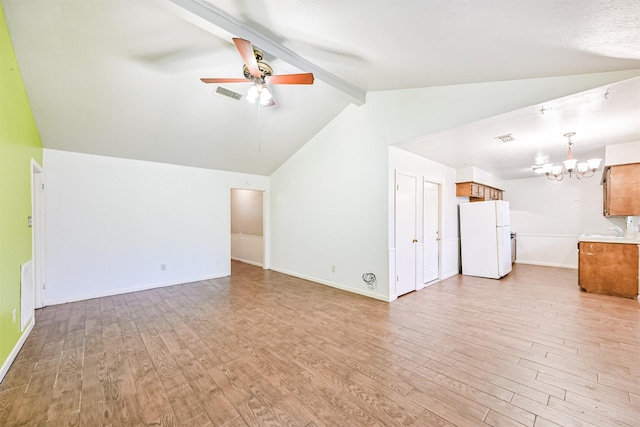 bonus room featuring vaulted ceiling with beams, ceiling fan with notable chandelier, and light wood-type flooring