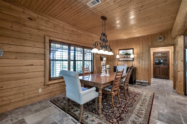 dining room with wooden walls and wooden ceiling