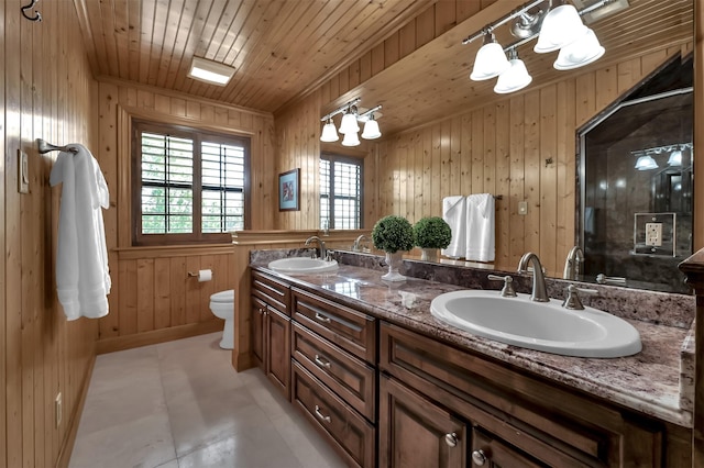 bathroom with vanity, wood walls, wood ceiling, and toilet