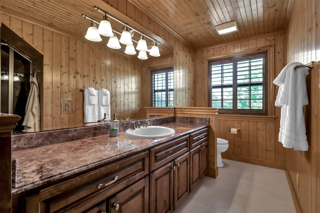 bathroom featuring wood walls, a chandelier, vanity, toilet, and wooden ceiling