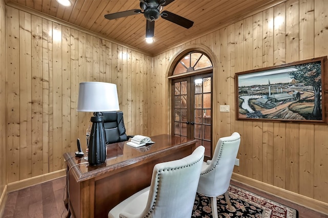 office space with wooden walls, ceiling fan, dark wood-type flooring, wooden ceiling, and french doors