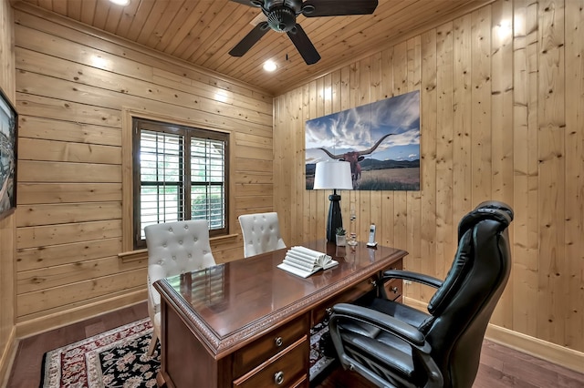 office area featuring wood ceiling, hardwood / wood-style flooring, wooden walls, and ceiling fan