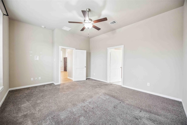 unfurnished bedroom featuring ceiling fan and carpet flooring