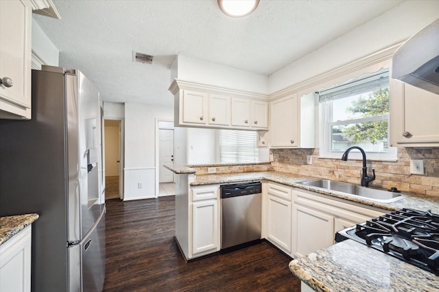 kitchen with sink, white cabinets, exhaust hood, kitchen peninsula, and stainless steel appliances