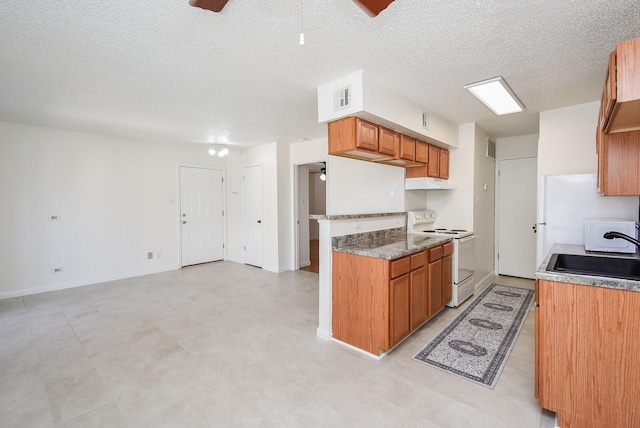 kitchen with sink, a textured ceiling, and white range with electric stovetop