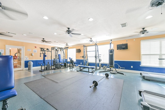 gym featuring a healthy amount of sunlight, ornamental molding, and a textured ceiling