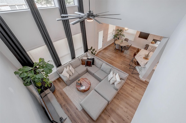 living room with light wood-type flooring and ceiling fan