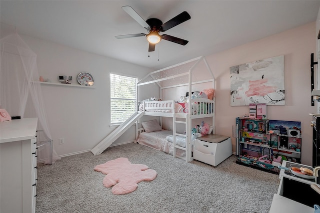 carpeted bedroom with ceiling fan