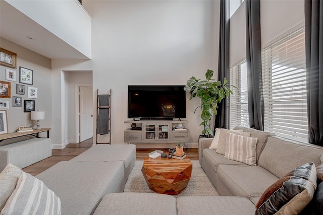 living room with hardwood / wood-style flooring and a towering ceiling