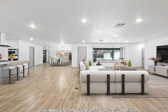 living room featuring light hardwood / wood-style floors and a textured ceiling