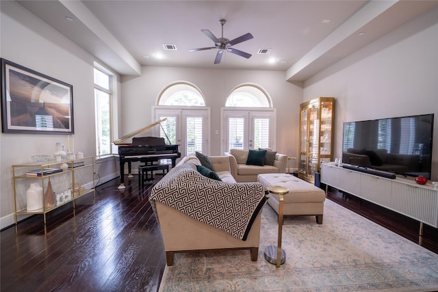 living room featuring french doors, ceiling fan, and dark wood-type flooring