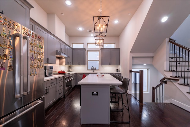 kitchen with sink, premium appliances, a kitchen breakfast bar, a kitchen island, and pendant lighting