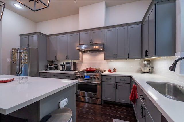 kitchen featuring high end appliances, sink, dark hardwood / wood-style floors, and decorative backsplash