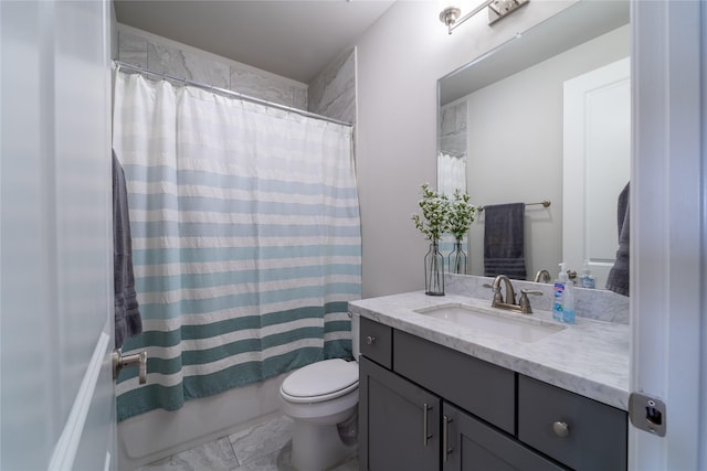 full bathroom with toilet, vanity, and shower / bathtub combination with curtain