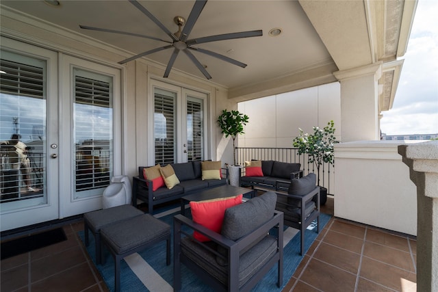 view of patio featuring an outdoor living space, ceiling fan, and french doors